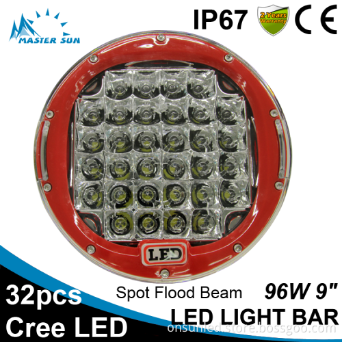 Waterproof Red 9inch 96w led tractor work light car led light bar off road led light bar